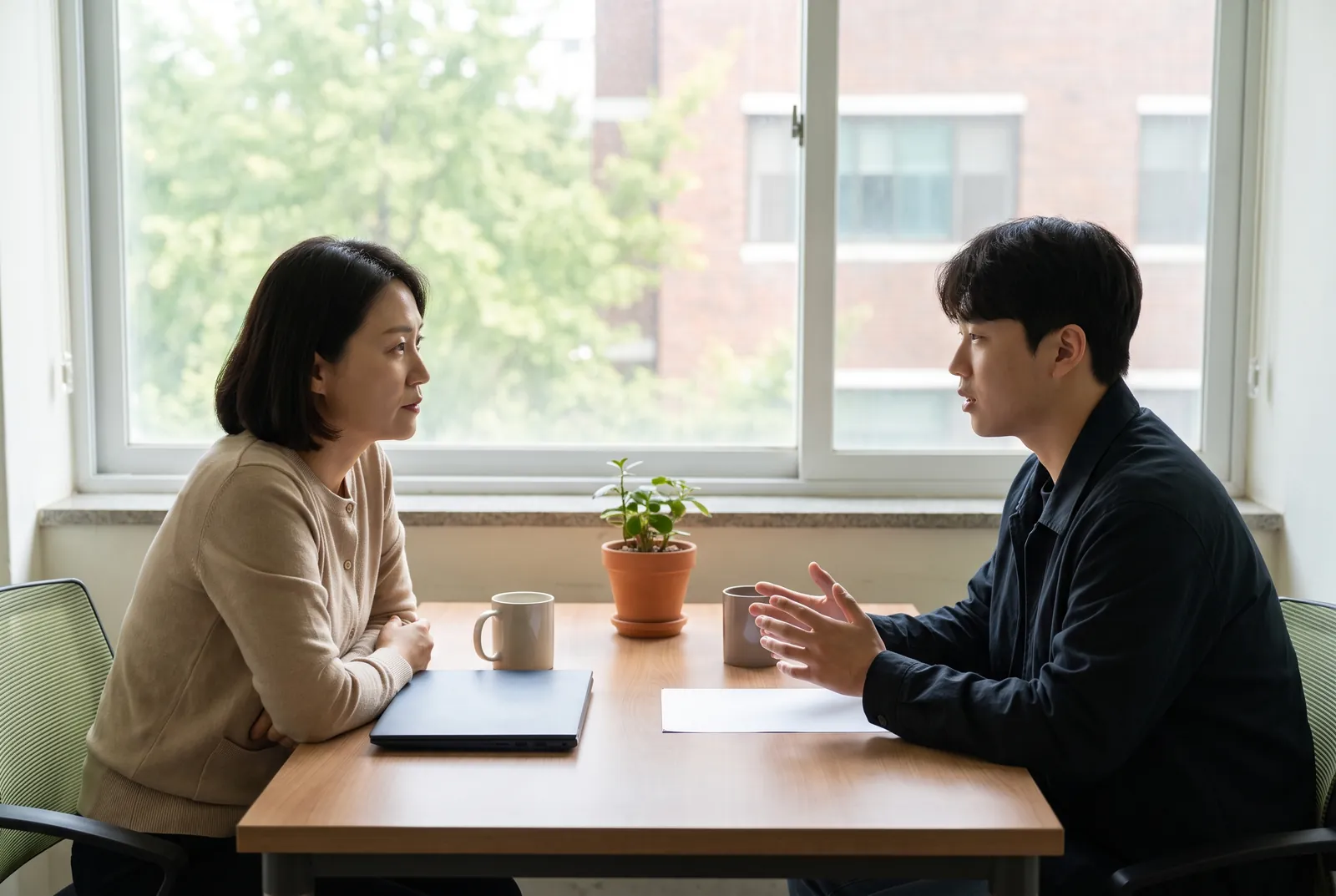 상담실 창가 탁자에서 상담사와 학생이 마주 앉아 이야기하고 있다