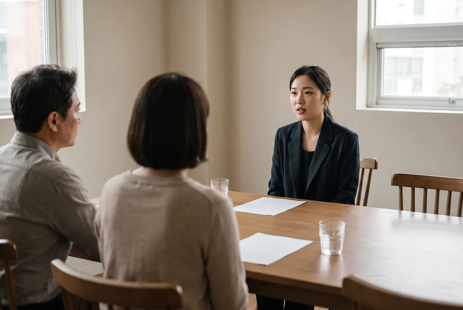 모의 면접에서 정장 차림의 학생이 면접관 두 명 앞에서 답하고 있다